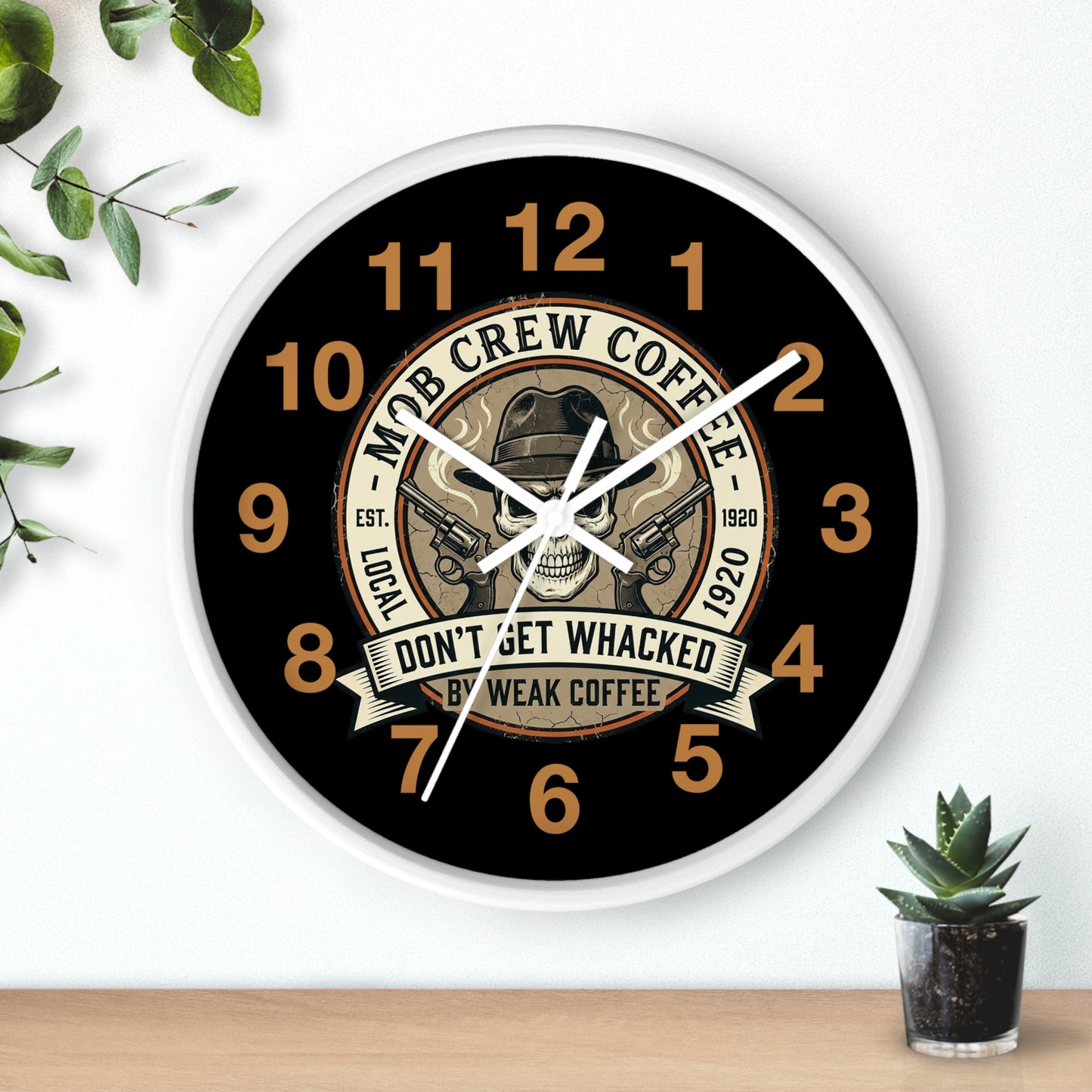 Mob Crew Coffee Wall Clock “Don’t Get Whacked by Weak Coffee” Vintage Skull Clock