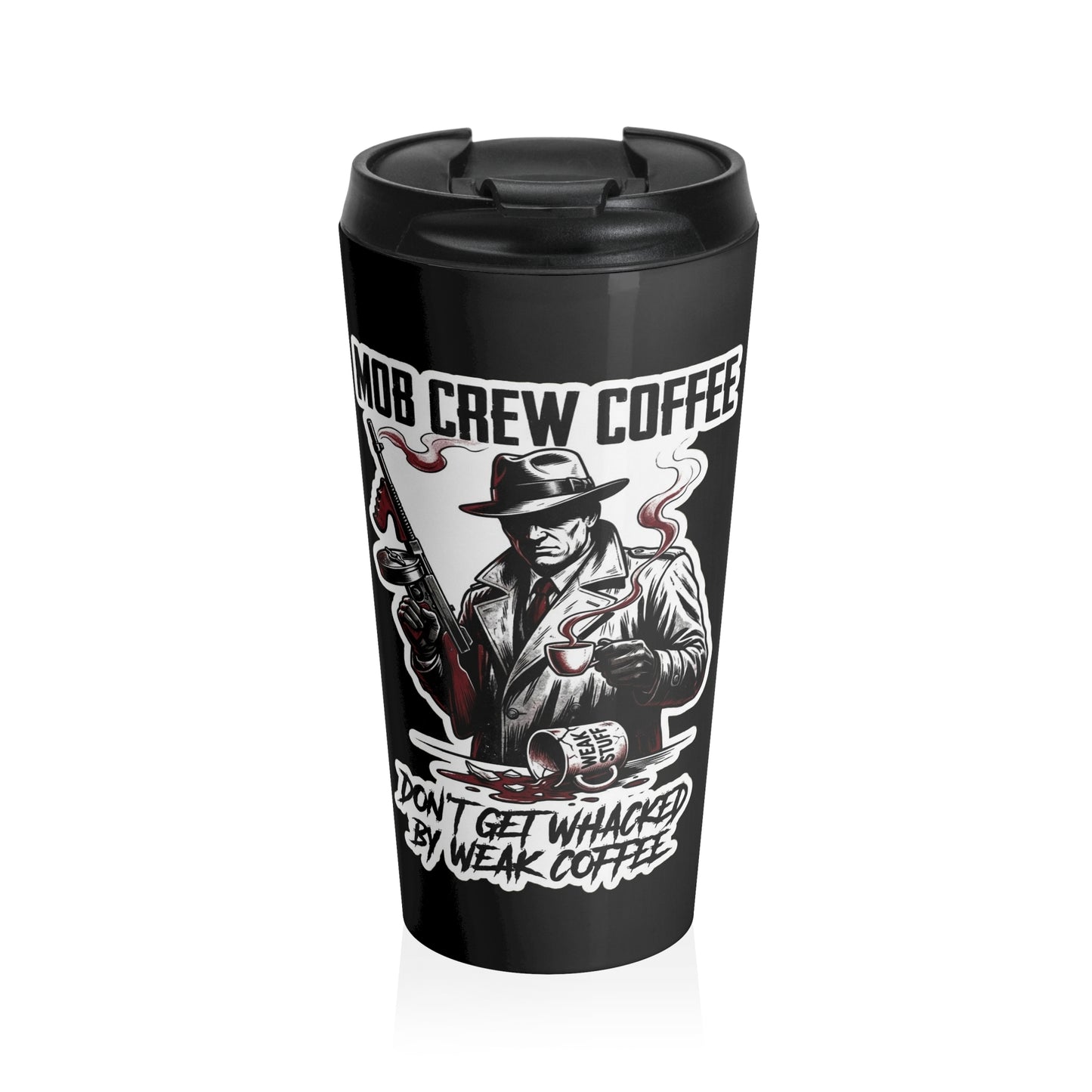 Black travel mug with graphic design and text on a white background