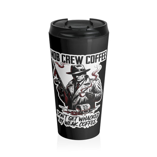 Black travel mug with graphic design and text on a white background