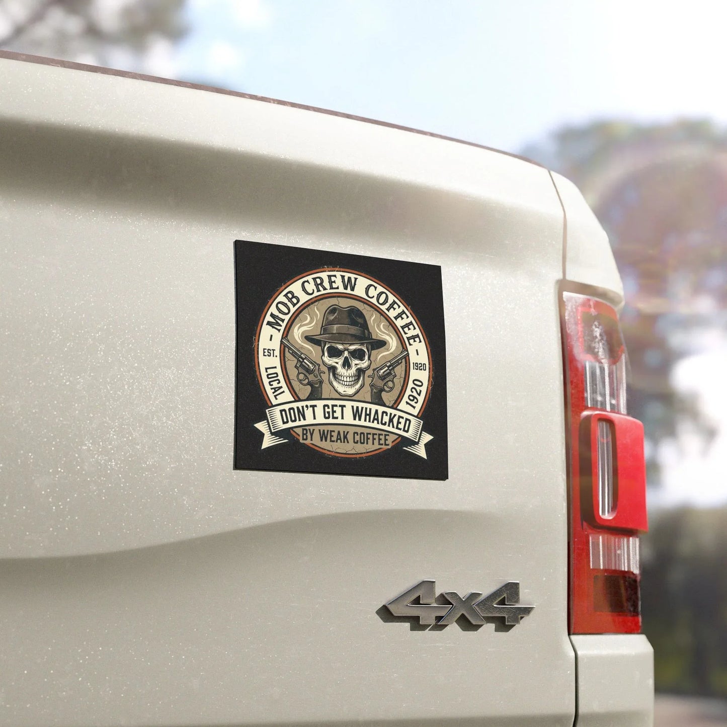 Car Magnet — “Mob Crew Coffee: Don’t Get Whacked by Weak Coffee” Retro Skull Design