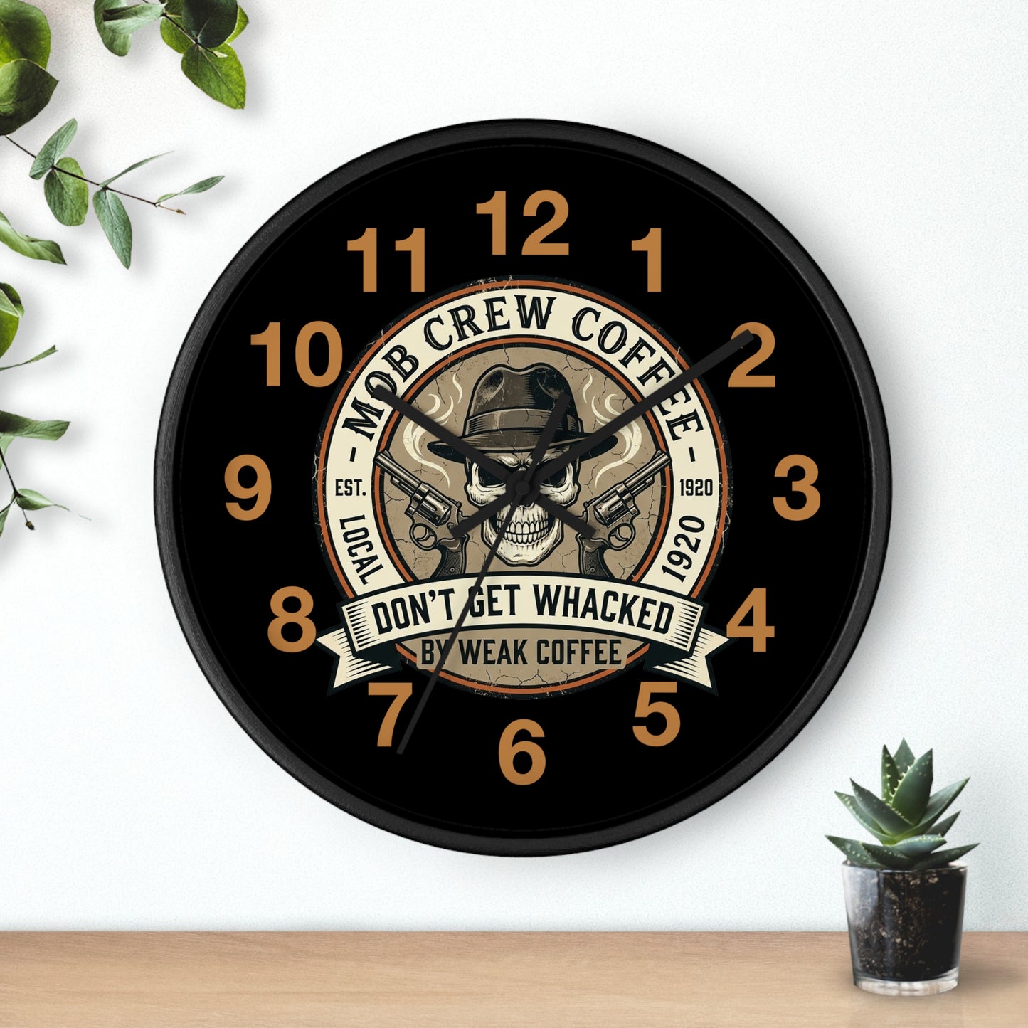 Mob Crew Coffee Wall Clock  “Don’t Get Whacked by Weak Coffee” Vintage Skull Clock