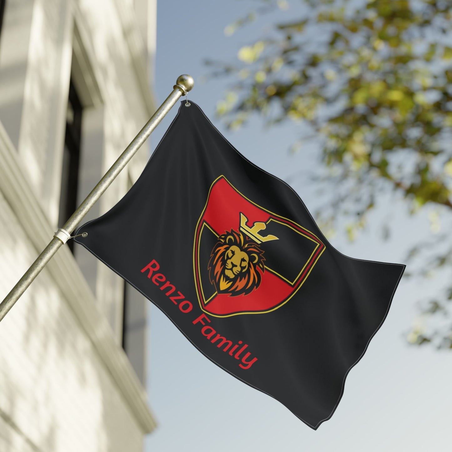 Renzo Family Flag — Double-Sided Black  Lion Crest Banner