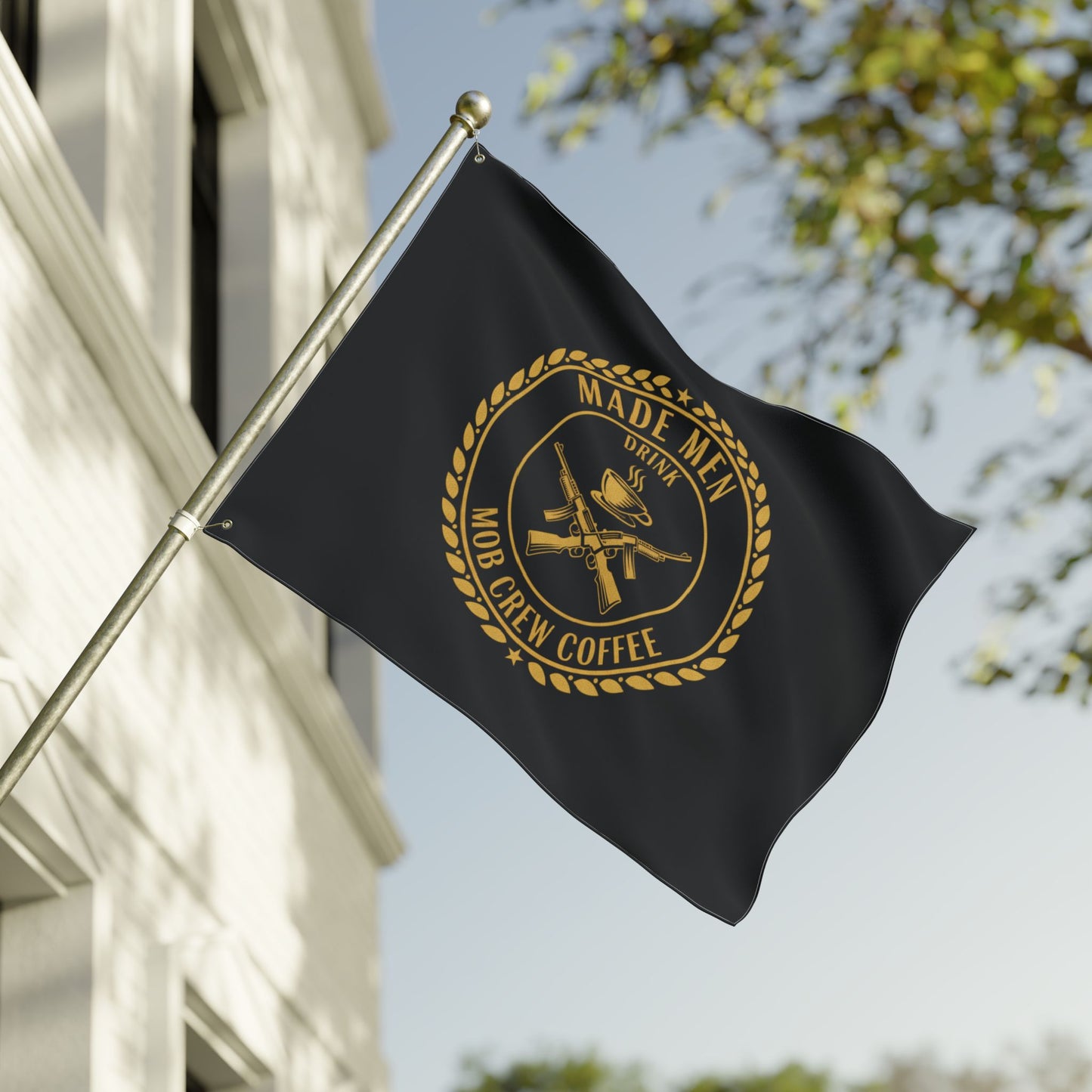 Mob Crew Flag — "Made Men Drink Mob Crew Coffee" Double-Sided Black & Gold Outdoor Banner