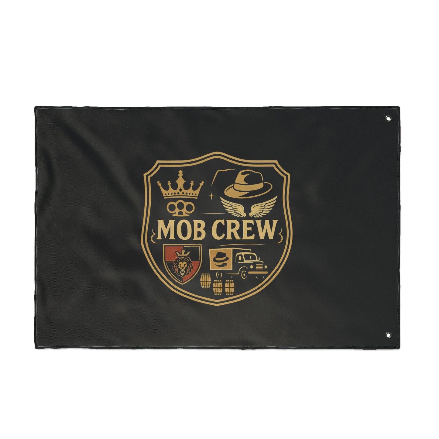 Mob Crew 4 Family Shield Flag – Vintage Mafia Emblem Double-Sided Outdoor Banner