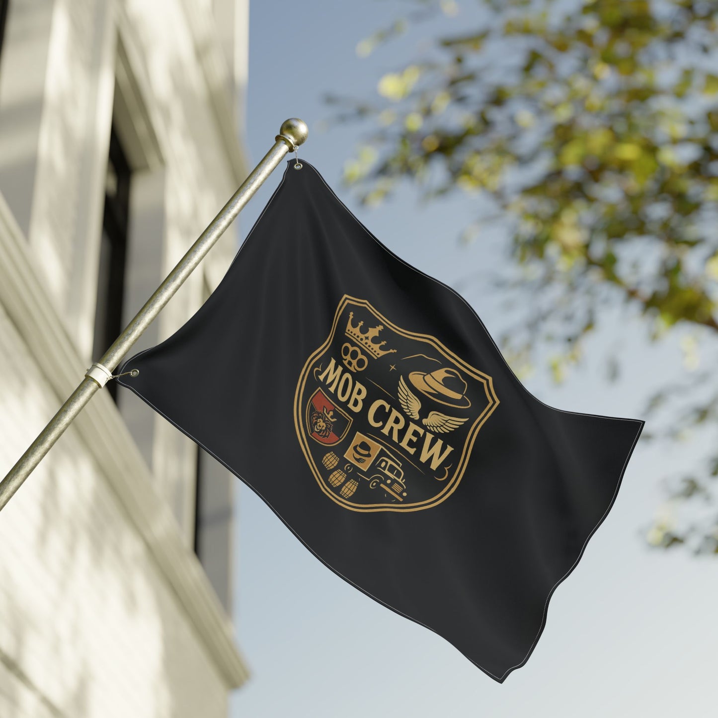 Mob Crew 4 Family Shield Flag – Vintage Mafia Emblem Double-Sided Outdoor Banner