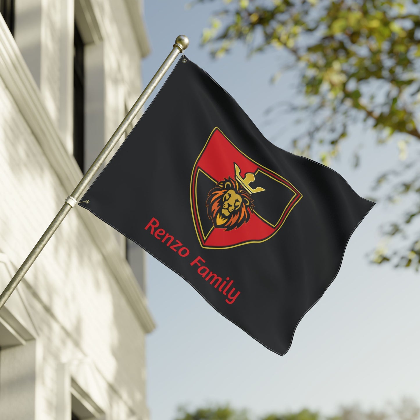 Renzo Family Flag — Double-Sided Black  Lion Crest Banner